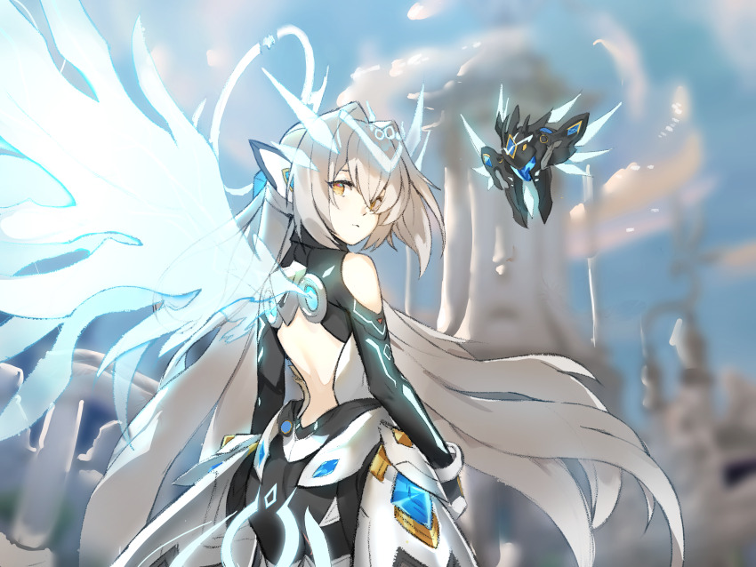 1girl 1nfb absurdres backless_outfit bare_shoulders black_bodysuit blue_gemstone blue_wings blurry blurry_background bodysuit code:_sariel_(elsword) commission drone elsword energy_wings eve_(elsword) formal_clothes gem grey_hair hair_ornament halo highres long_hair looking_back moby_(elsword) orange_eyes suit very_long_hair wings
