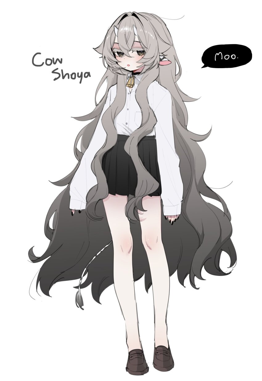 1girl animal_ears black_skirt brown_eyes brown_shoes collared_shirt cow_ears cow_girl cow_tail degrees_of_lewdity english_text full_body grey_hair highres kai_(drakkai10) long_hair original pleated_skirt shirt shoes shoya_(kai_(drakkai10)) simple_background skirt solo sound_effects speech_bubble tail very_long_hair white_background white_shirt