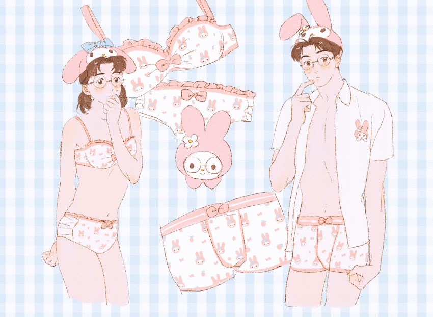 1boy 1girl animal_hat animal_print blue_background bow bow_bra bow_male_underwear bow_panties boxer_briefs bra brown_eyes brown_hair character_bra character_panties character_print chengongzi123 clenched_hand closed_mouth commentary cosplay cropped_legs dual_persona gingham_background hand_up hat highres kogure_kiminobu looking_at_viewer male_underwear matching_underwear my_melody my_melody_(cosplay) no_shirt panties pink_trimmed_bra pink_trimmed_male_underwear pink_trimmed_panties print_clothes print_male_underwear print_panties rabbit_bra rabbit_hat rabbit_panties rabbit_print sanrio short_hair slam_dunk_(series) standing symbol-only_commentary trimmed_bra trimmed_male_underwear trimmed_panties underwear underwear_only very_short_hair white_male_underwear white_panties