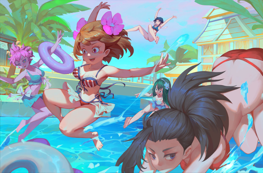 5girls arms_up ashido_mina ass asui_tsuyu bare_shoulders bikini bikini_top_only black_hair blue_bikini blue_eyes blush_stickers boku_no_hero_academia breasts brown_hair butt_crack cleavage colored_skin flower green_eyes green_hair hair_flower hair_ornament highres horns innertube jiro_kyoka long_hair multiple_girls open_mouth pink_hair pink_skin polka_dot polka_dot_bikini polka_dot_bikini_top pool red_bikini short_hair sky swim_ring swimsuit tongue tongue_out uraraka_ochako yaoyorozu_momo
