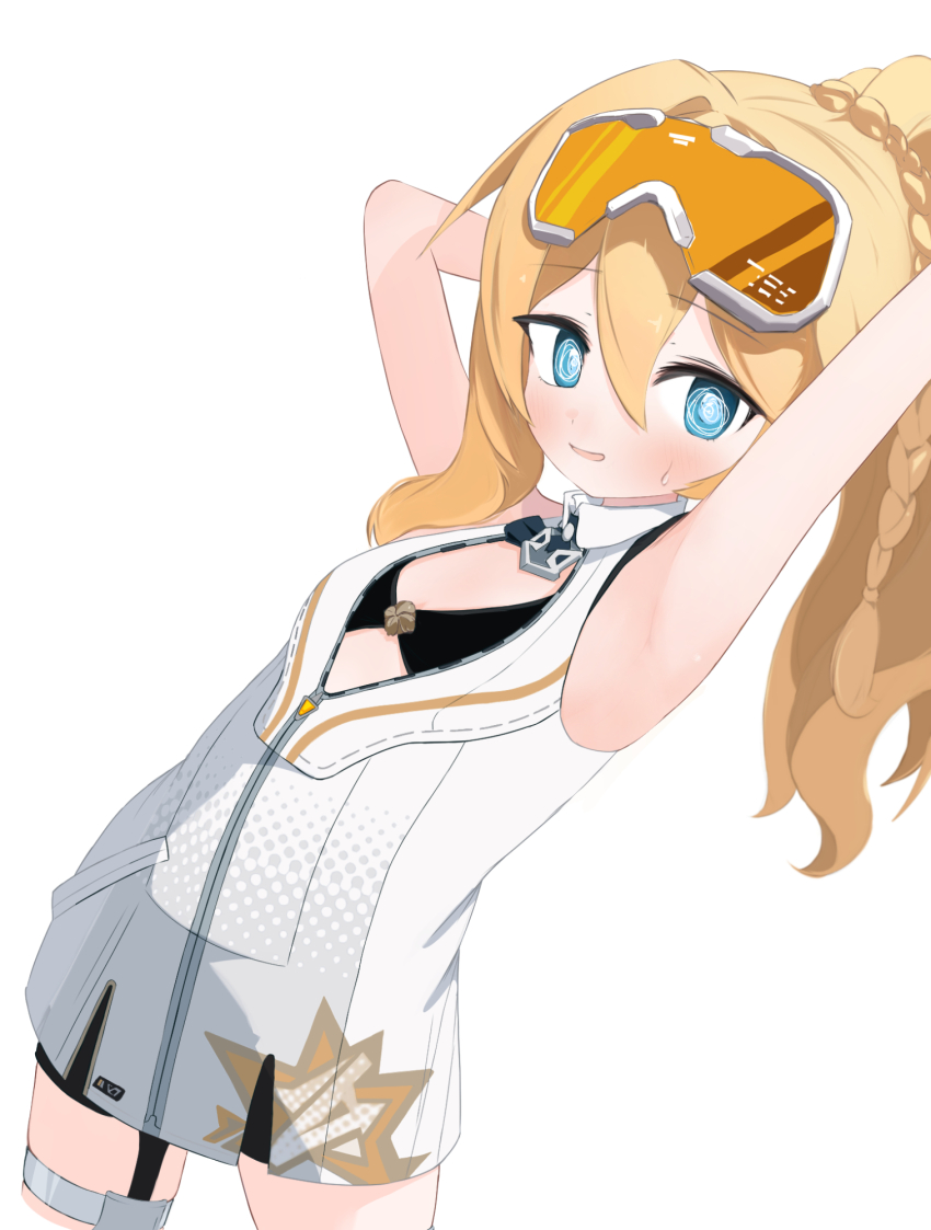 1girl :d @_@ armpits arms_up black_bra blonde_hair blue_eyes bra commentary dress durandal_(honkai_impact) durandal_(reign_solaris)_(honkai_impact) english_commentary flat_chest goggles goggles_on_head highres honkai_(series) honkai_impact_3rd long_hair looking_at_viewer open_mouth samate simple_background smile thigh_strap underwear white_background white_dress