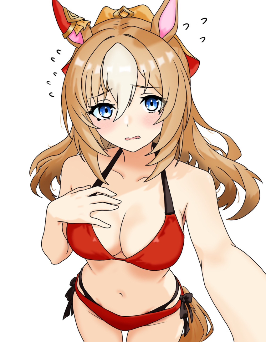 1girl animal_ears bikini blonde_hair blue_eyes blush breasts cleavage collarbone commentary_request cowboy_shot durandal_(umamusume) flying_sweatdrops from_above hair_between_eyes hand_on_own_chest highres horse_ears horse_girl horse_tail large_breasts layered_bikini long_hair multi-strapped_bikini_bottom multi-strapped_bikini_top multicolored_hair navel red_bikini side-tie_bikini_bottom simple_background smapy_sumataku solo stomach streaked_hair swimsuit tail textless_version umamusume white_background white_hair