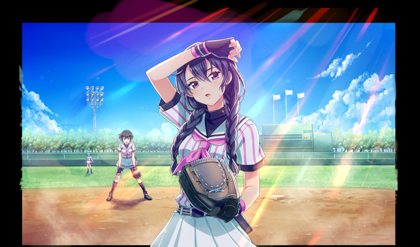 3girls arm_up baseball baseball_base baseball_glove baseball_stadium baseball_uniform belt belt_buckle belt_pouch bike_shorts_under_skirt black_belt black_footwear black_gloves black_hair black_pouch black_shorts black_socks black_undershirt blue_hair braid buckle cinderella_series fingerless_gloves flag game_cg gloves green_eyes hachigatsu_no_cinderella_nine highres honjo_chikage kawakita_tomoe kondou_saki light_rays long_hair looking_at_viewer low_twin_braids multiple_girls neckerchief non-web_source official_art open_mouth outdoors pink_neckerchief playing_sports pleated_skirt pouch purple_eyes purple_hair satogahama_baseball_uniform scoreboard shirt shirt_under_shirt short_hair short_sleeves shorts skirt socks solo_focus sportswear standing striped_belt striped_clothes striped_shirt sunbeam sunlight sweat twin_braids vertical-striped_clothes vertical-striped_shirt very_long_hair wiping_sweat wristband