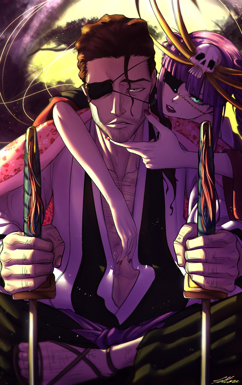 1boy 1girl absurdres bankai black_kimono bleach bleach:_sennen_kessen-hen blunt_bangs brown_hair chest_hair commentary drill_hair dual_wielding eyelashes eyepatch facial_hair fighting_stance floral_print floral_print_kimono green_eyes hair_ornament hair_slicked_back hand_on_another&#039;s_chin hands_up haori highres holding holding_sword holding_weapon hug hug_from_behind index_finger_raised japanese_clothes katen_kyoukotsu katen_kyoukotsu:_karamatsu_shinjuu kimono kimono_on_shoulders knees_out_of_frame kyouraku_shunsui long_hair looking_at_viewer low_ponytail male_focus mixed-language_commentary nail_polish no_socks nose one_eye_covered parted_lips pink_kimono ponytail print_kimono purple_hair red_lips red_nails sandals sanpaku serious sidelighting sidelocks signature sitting skull_hair_ornament straight-on stubble sword taichou_haori tettora thick_eyebrows tsurime twin_drills weapon zanpakutou_(spirit)
