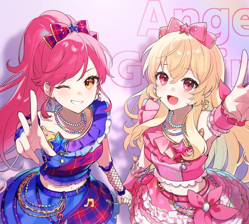 :d aikatsu! aikatsu!_(series) arm_up blonde_hair blue_shirt blue_skirt bow commentary detached_sleeves earrings english_text frilled_shirt frilled_skirt frilled_sleeves frills grin hair_bow highres holding_hands hoshimiya_ichigo idol idol_clothes jewelry jiu_(jiwoo_owo9) long_hair looking_at_viewer midriff necklace one_eye_closed open_mouth otoshiro_seira pearl_necklace pink_bow pink_eyes pink_hair pink_shirt pink_skirt pink_sleeves plaid_bow ponytail red_bow shirt skirt smile straight_hair teeth upper_body v yellow_eyes