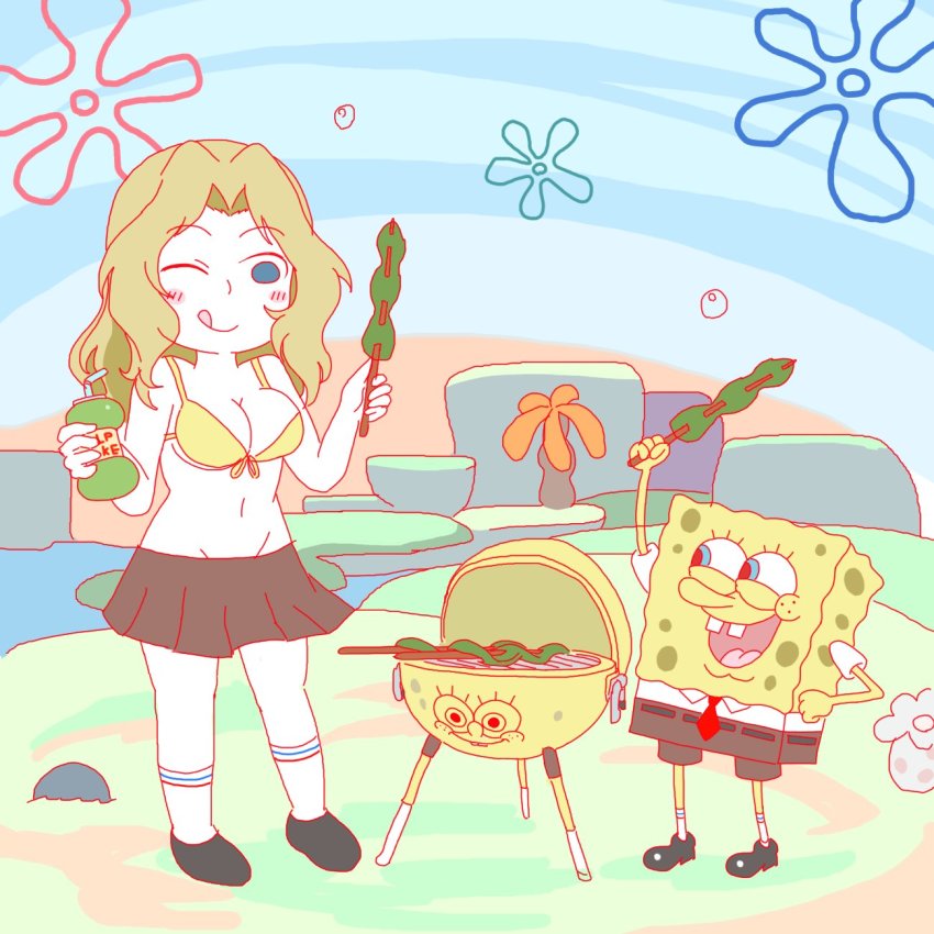 1boy 1girl :d ;p alternate_costume aqclk bikini black_footwear blonde_hair blue_eyes breasts brown_pants brown_skirt cleavage cooking crossover drink food full_body girls_und_panzer grill grilling hair_intakes highres holding holding_drink holding_food kay_(girls_und_panzer) kelp large_breasts long_hair looking_at_another necktie one_eye_closed open_mouth pants pleated_skirt skirt smile spongebob_squarepants spongebob_squarepants_(series) swimsuit tongue tongue_out yellow_bikini