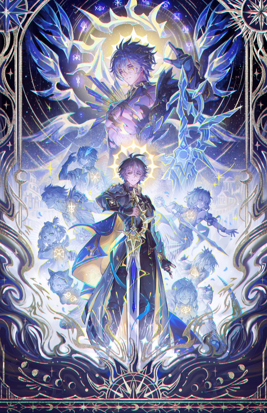 4boys 5girls absurdres aglaea_(honkai:_star_rail) alternate_form anaxa_(honkai:_star_rail) antenna_hair armor asymmetrical_wings black_choker black_gloves black_shirt blue_cape blue_eyes cape castorice_(honkai:_star_rail) choker chrysos_heirs_(honkai:_star_rail) cipher_(honkai:_star_rail) coat commentary coreflame_(honkai:_star_rail) cracked_skin dual_persona fingerless_gloves gloves halo halo_behind_head highres holding holding_sword holding_weapon honkai:_star_rail honkai_(series) hyacine_(honkai:_star_rail) jessica_wijaya male_focus multiple_boys multiple_girls mydei_(honkai:_star_rail) parted_bangs pauldrons phainon_(honkai:_star_rail) shirt short_hair shoulder_armor single_glove single_pauldron sword tribbie_(honkai:_star_rail) weapon white_coat white_hair wings yellow_blood yellow_halo