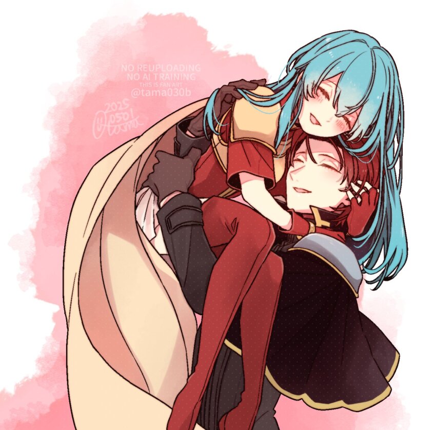 1boy 1girl aqua_hair armor breastplate cape carrying eirika_(fire_emblem) fire_emblem fire_emblem:_the_sacred_stones gloves hetero highres long_hair nintendo open_mouth princess_carry red_gloves red_hair sayu030b seth_(fire_emblem) shoulder_armor skirt smile white_skirt yellow_cape