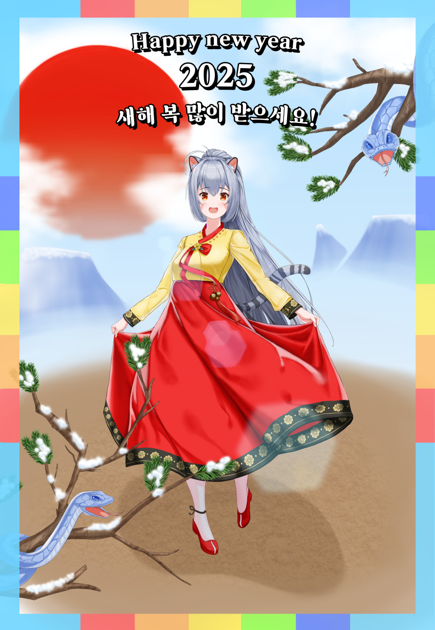 1girl 2025 absurdres alternate_eye_color animal_ear_fluff animal_ears antenna_hair breasts brown_dust_(series) brown_dust_2 chinese_zodiac clothes_lift curtsey dress dress_lift facial_mark fog full_body grey_hair happy_new_year highres lifting_own_clothes long_hair looking_at_viewer medium_breasts mountainous_horizon new_year open_mouth orange_eyes ponytail red_dress red_footwear red_sun shadow smile snow solo tail thighhighs tiger_ears tiger_girl tiger_tail tree two-tone_dress user_emsa5842 very_long_hair white_thighhighs year_of_the_snake yellow_dress yuri_(brown_dust)