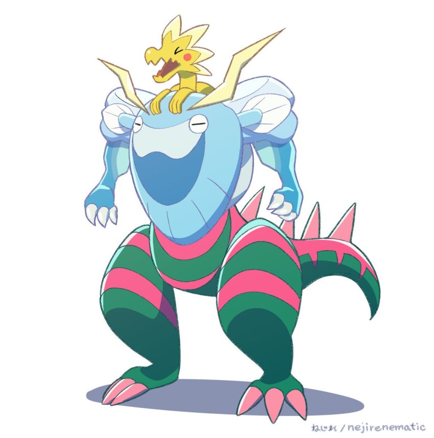 &gt;_&lt; arctovish arctozolt blush_stickers claws commentary dracovish dracozolt fangs fusion gen_8_pokemon highres multiple_heads nintendo no_humans pokemon pokemon_(creature) pokemon_swsh signature tail white_background