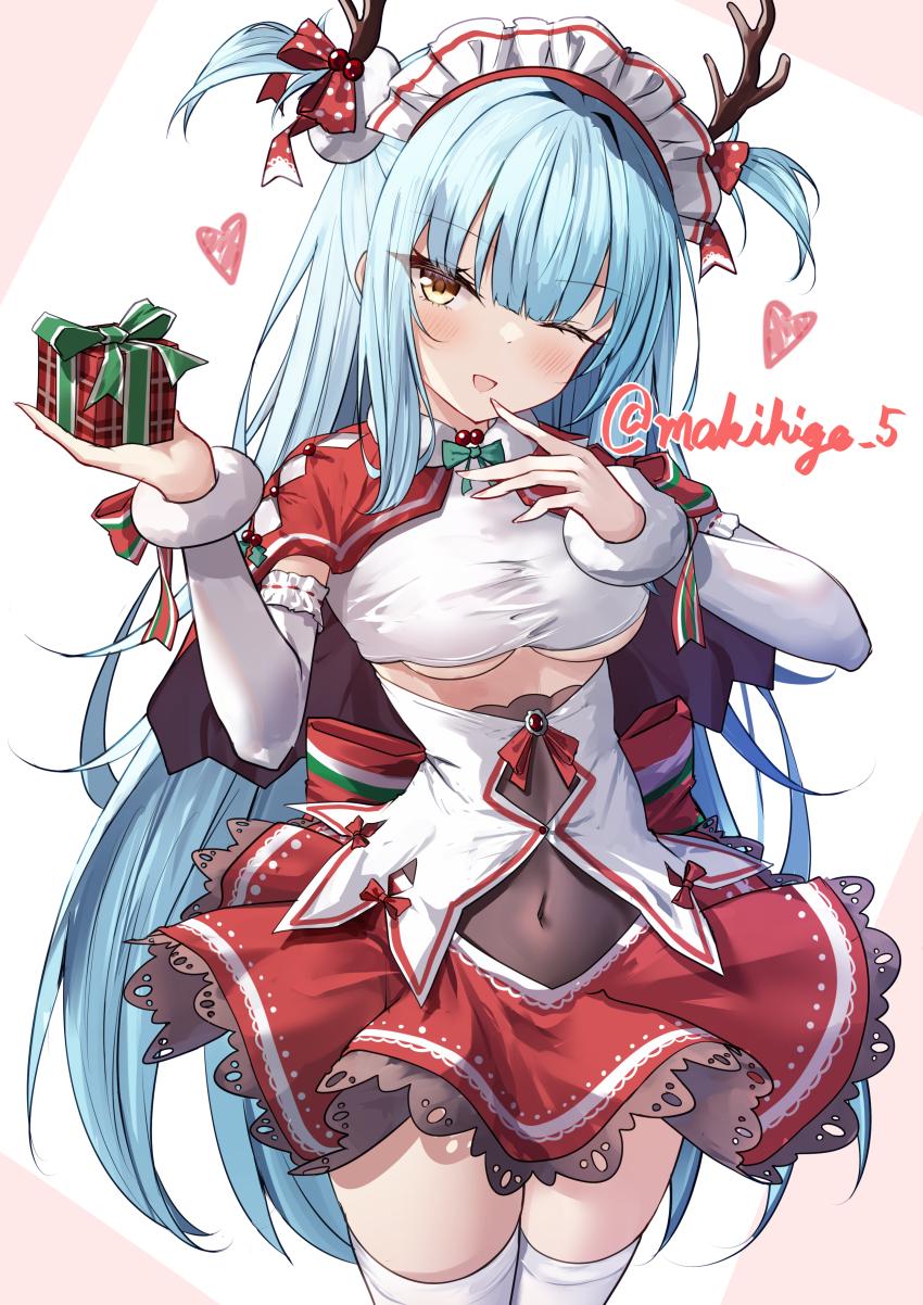 1girl ;d absurdres antlers azur_lane blue_hair blush breasts capelet christmas commentary_request corset covered_navel detached_sleeves finger_to_mouth frilled_skirt frills gift hands_up happy highres holding holding_gift horns long_hair looking_at_viewer maid_headdress makihige medium_breasts miniskirt neptune_(azur_lane) neptune_(princess_of_the_reindeers)_(azur_lane) one_eye_closed open_mouth red_capelet red_skirt reindeer_antlers skirt smile solo standing thighhighs thighs underboob very_long_hair white_corset yellow_eyes