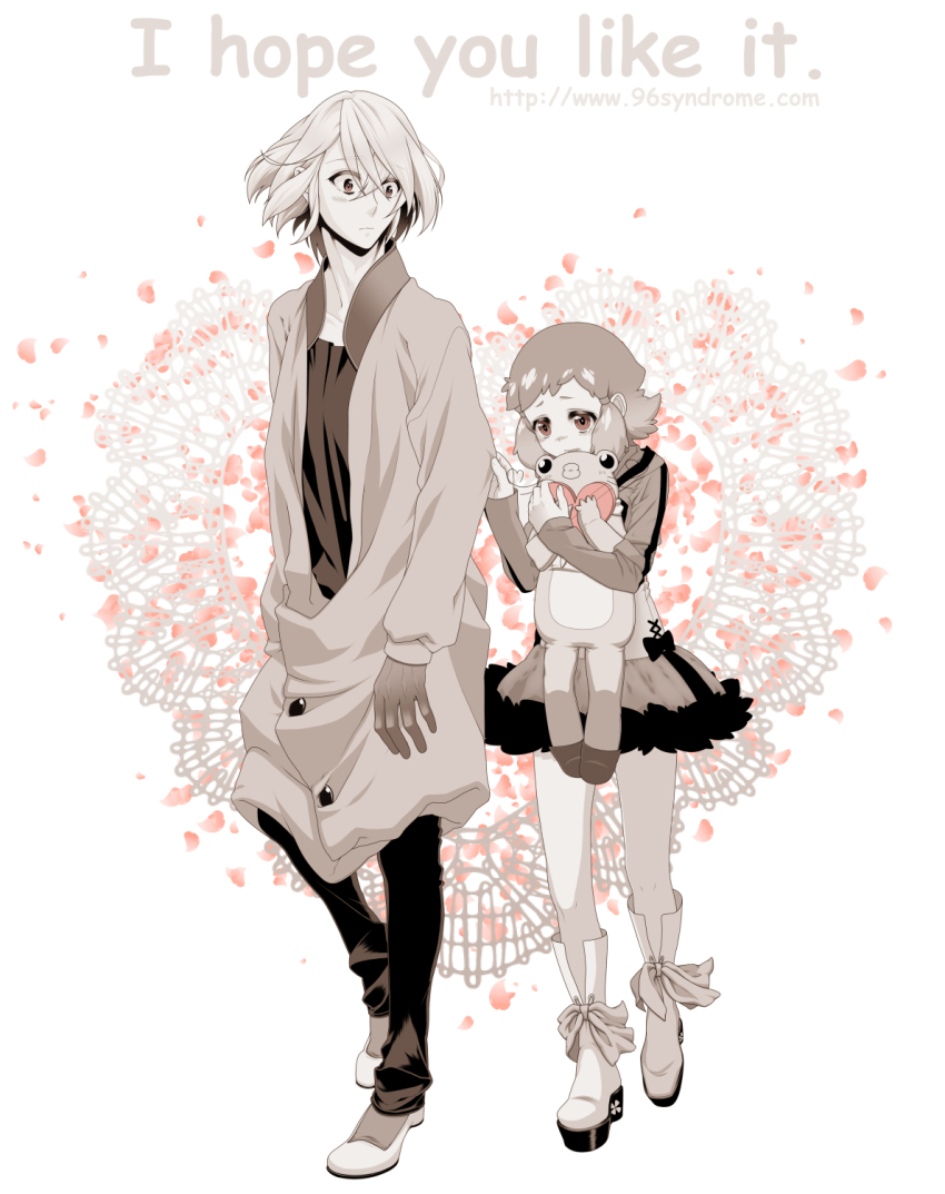 10s 1boy 1girl 865_(96syndrome) aquarion_(series) aquarion_evol bad_id bad_pixiv_id blush coat doll gloves hair_ornament highres jin_musou short_hair stuffed_animal stuffed_frog stuffed_toy tama_(aquarion) yunoha_thrul