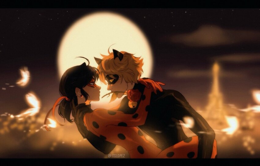 1boy 1girl adrien_agreste black_hair blonde_hair bodysuit carrying carrying_person chat_noir commentary earrings eiffel_tower english_commentary eye_contact eye_mask full_moon highres hug itslopezz jewelry ladybug_(character) letterboxed looking_at_another marinette_dupain-cheng miraculous_ladybug moon night profile
