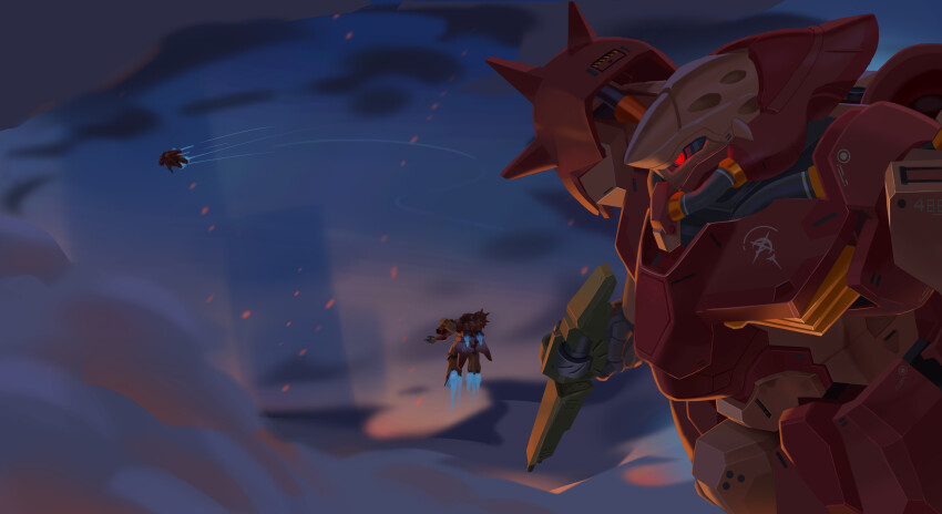 absurdres beam_rifle character_request cloud commentary copyright_request dusk emblem energy_gun english_commentary fleet flying freefall gundam highres machinery mecha mobile_suit no_humans red_eyes robot roundel science_fiction shoulder_spikes spikes thrusters upper_body vanqueen weapon