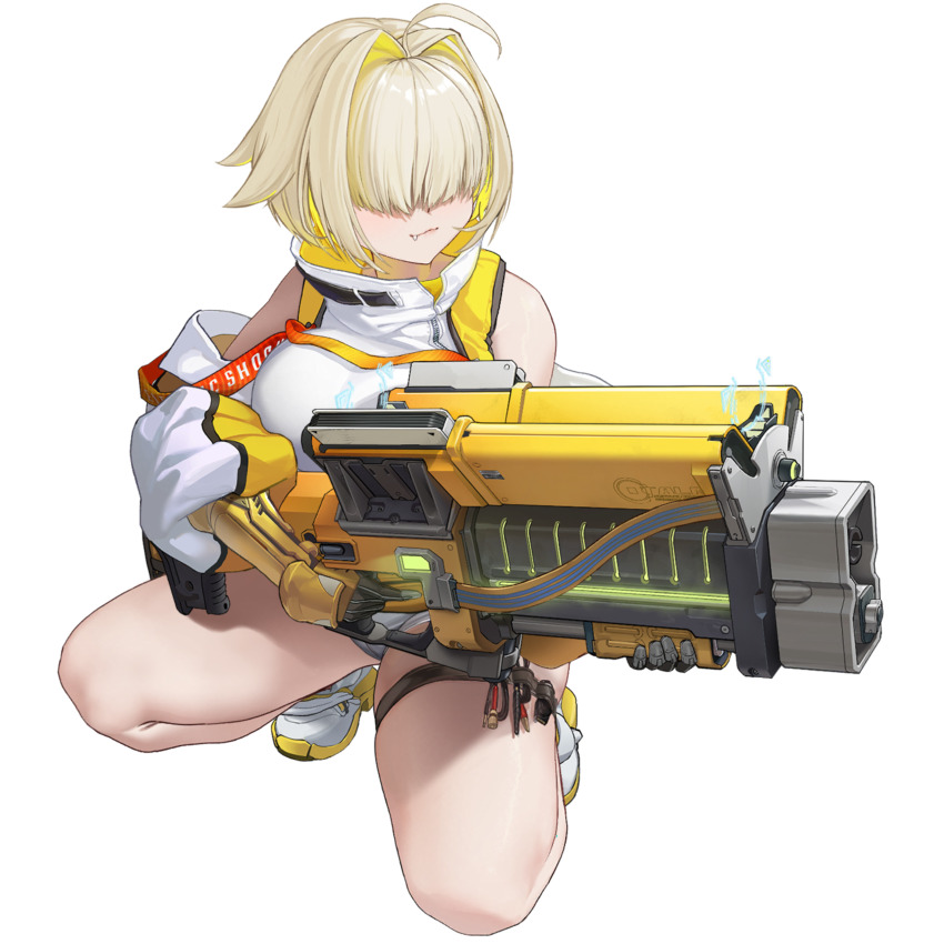 1girl :3 absurdres ahoge animal_print artist_request belly black_gloves black_sports_bra blonde_hair blush breasts closed_mouth crop_top crop_top_overhang cropped_sweater cutoffs elegg_(nikke) fang full_body gloves gluteal_fold goddess_of_victory:_nikke grey_shorts grid_background hair_intakes hair_over_eyes highres holding holding_weapon jacket jam_(nandade) large_breasts long_sleeves medium_hair micro_shorts multicolored_gloves multicolored_hair navel official_art open_mouth plump puffy_sleeves rabbit_print shoes short_hair short_shorts shorts smile sneakers solo sports_bra squatting suspenders sweater thick_thighs thigh_strap thighs transparent_background two-tone_hair weapon white_jacket white_shoes wide_hips