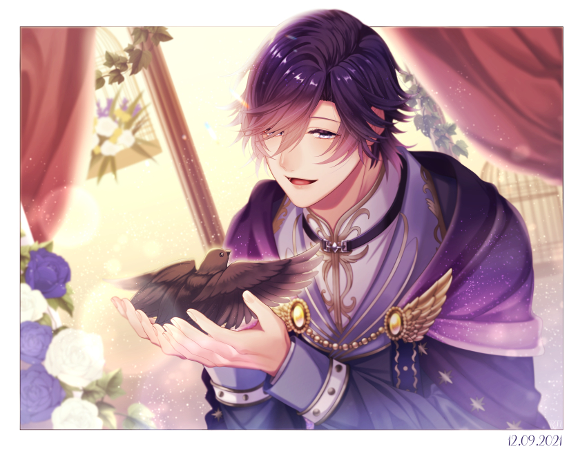 1boy :d absurdres animal bird birdcage black_collar blue_eyes border brooch cage cloak collar curtained_hair curtains dated flower hair_over_one_eye highres holding holding_animal holding_bird ichinose_tokiya in_cage jacket jewelry lapels light_particles looking_at_animal male_focus mandarin_collar open_mouth outside_border plant purple_cloak purple_flower purple_hair purple_jacket purple_rose ran_(12_rn_09) rose shawl_lapels shirt short_hair sleeve_cuffs smile solo upper_body uta_no_prince-sama uta_no_prince-sama:_shining_live vines white_border white_flower white_rose white_shirt wing_brooch