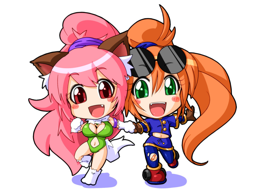 2channel 2girls :d ahoge animal_ears blue_legwear blush breasts brown_hair cat_ears cat_girl cat_tail chibi cleavage fang fangs female_focus full_body fur glasses gloves green_eyes happy high_ponytail holding_hands large_breasts leotard long_hair meme multiple_girls navel neta open_mouth pantyhose perisie_(star_ocean) pink_hair ponytail precis_neumann red_eyes ryoi shirt shoes simple_background skirt smile star_ocean star_ocean_first_departure star_ocean_the_second_story tail torn_clothes