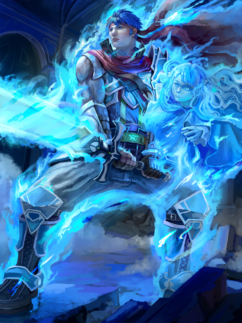 1boy 1girl absurdres blue_eyes blue_fire blue_hair cape commentary english_commentary fire fire_emblem fire_emblem:_radiant_dawn headband highres holding holding_sword holding_weapon ike_(fire_emblem) ike_(vanguard_legend)_(fire_emblem) long_hair nintendo ragnell red_cape red_headband short_hair sword two-handed_sword weapon yanmanxplore yune_(fire_emblem)
