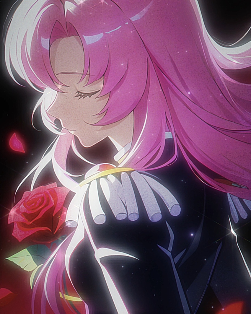1girl absurdres black_jacket closed_eyes commentary epaulettes flower highres jacket long_hair lonotowho pink_hair red_background red_flower red_petals red_rose rose shoujo_kakumei_utena solo tenjou_utena