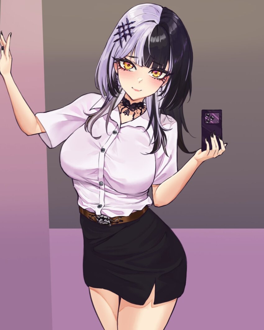 1girl belt black_choker black_hair black_nails black_skirt breasts brown_belt cellphone choker closed_mouth grey_hair highres holding holding_phone hololive hololive_english large_breasts long_hair looking_at_viewer mekillus multicolored_hair pencil_skirt phone shiori_novella shirt shirt_tucked_in skirt smartphone solo split-color_hair two-tone_hair virtual_youtuber white_shirt yellow_eyes
