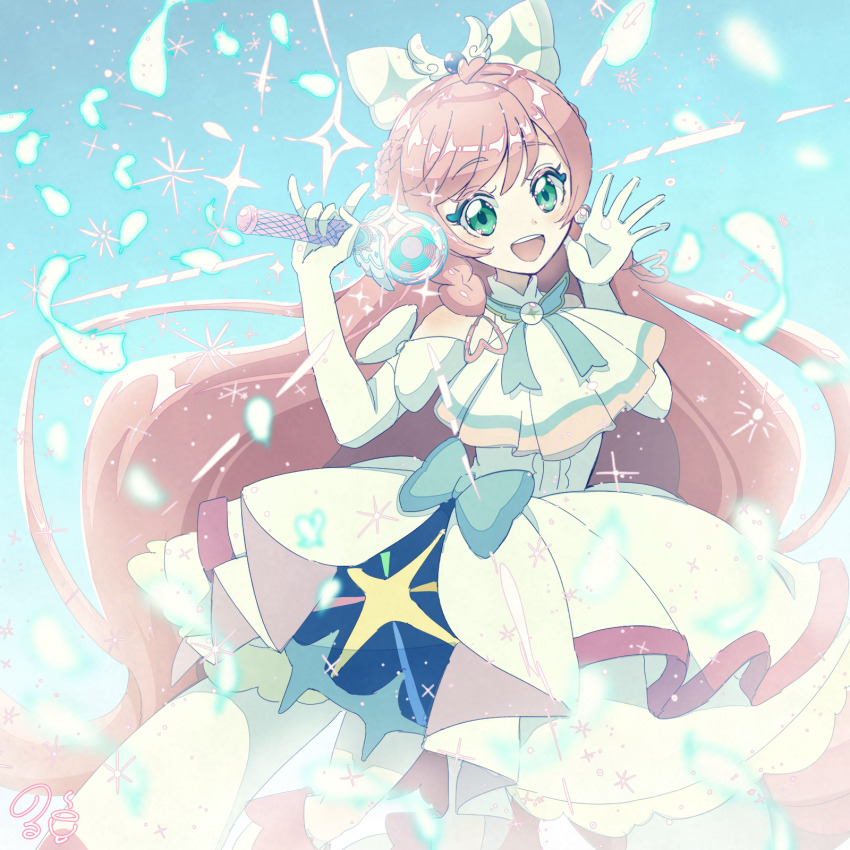 1girl artist_name ascot blue_bow boots bow braid brooch center_frills commentary crown_braid cure_prism dress dress_bow earrings elbow_gloves feathers frills glove_bow gloves green_eyes hair_bow hair_ornament heart heart_hair_ornament highres hirogaru_sky!_precure holding holding_wand jewelry knee_boots layered_dress long_hair looking_at_viewer magical_girl medium_dress nijigaoka_mashiro norwo724 open_mouth pink_hair precure side_braids signature sky_mirage sleeveless sleeveless_dress smile solo sparkle standing teeth upper_teeth_only very_long_hair wand waving white_ascot white_bow white_dress white_feathers white_gloves wing_brooch