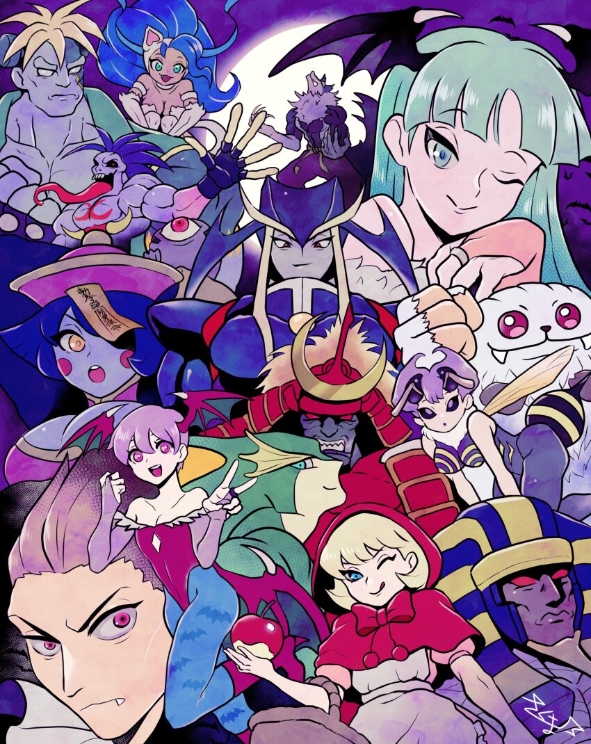 6+boys 6+girls animal_ears animal_print anniversary apple armor rikuo_(darkstalkers) bat_print bishamon_(darkstalkers) blue_hair bridal_gauntlets b.b._hood cat_ears cat_girl cat_tail demon_wings dimitri_alexandre_blaiddyd felicia_(darkstalkers) food fruit full_moon jon_talbain ghoul green_eyes head_wings highres holding holding_food holding_fruit japanese_armor jedah_dohma hsien-ko leotard lilith_(darkstalkers) looking_at_viewer moon morrigan_aensland multiple_boys multiple_girls ofuda ofuda_on_head purple_hair q-bee red_eyes sasquatch_(darkstalkers) skm_nnm smile strapless strapless_leotard tail darkstalkers victor_von_gerdenheim white_fur wings wolf_boy wolf_tail lord_raptor