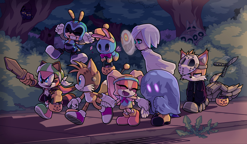 3girls 4boys blue_eyes chao_(sonic) charmy_bee cheese_(sonic) commentary cosplay cream_the_rabbit english_commentary fox_boy fox_tail furry ghost_costume halloween halloween_bucket halloween_costume highres hockey_mask holding_hands jack-o&#039;-lantern jason_voorhees jason_voorhees_(cosplay) kitsunami_the_fennec marine_the_raccoon mask multiple_boys multiple_girls nine_(sonic) pumpkin rabbit_girl raccoon_girl sage_(sonic) seventeendeer sonic_(series) sonic_prime tail tails_(sonic) walking