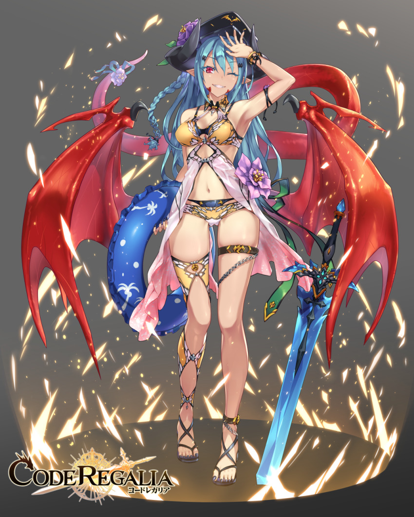 1girl aqua_eyes arm_up bikini breasts code_regalia copyright_name dragon_girl dragon_horns dragon_tail dragon_wings fantasy fingernails flower full_body gladiator_sandals grin hat hat_flower highres horns inflatable_toy innertube long_fingernails long_hair looking_at_viewer low_wings medium_breasts navel official_art one_eye_closed planted planted_sword planted_weapon pointy_ears red_eyes ribbon sandals smile solo swim_ring swimsuit sword tail tail_ornament tail_ribbon tomonao weapon wings