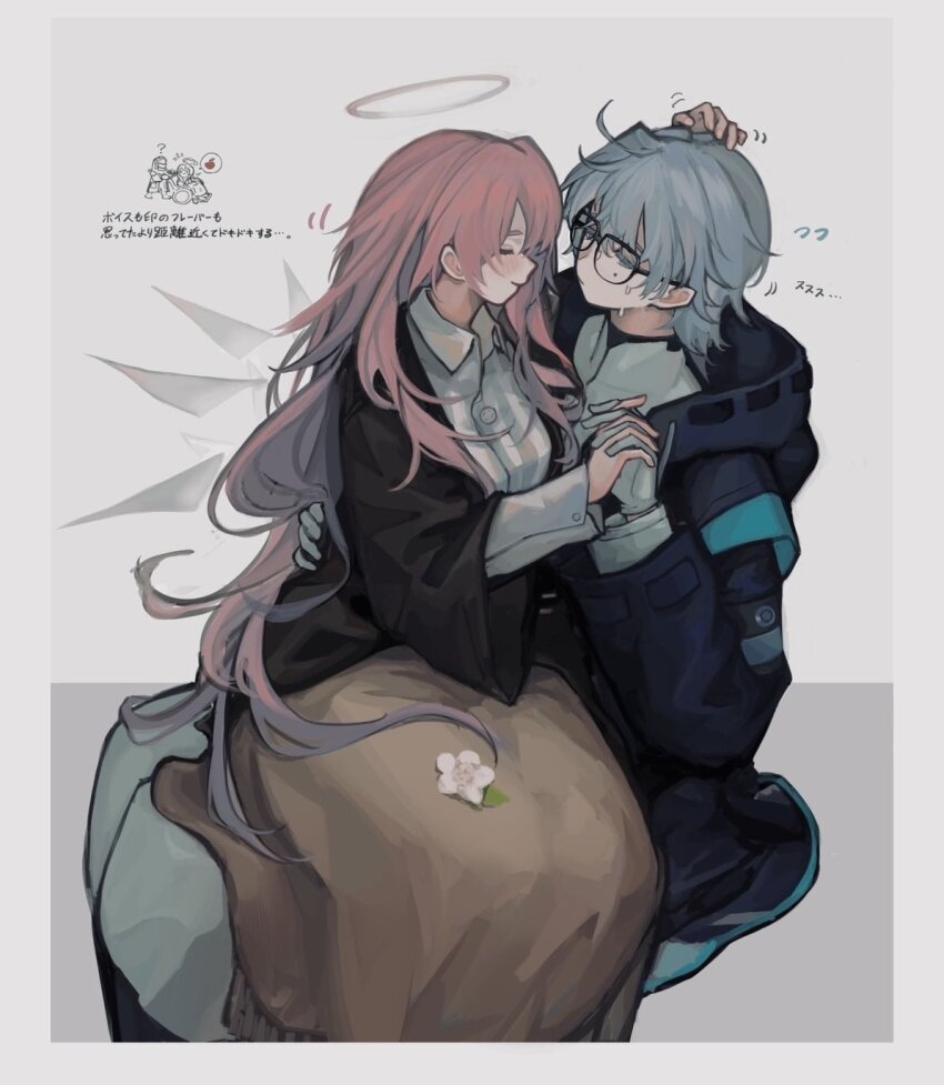 1boy 1girl 8rk9 arknights black_coat blanket blush closed_eyes coat doctor_(arknights) flower glasses grey_background grey_hair halo highres holding_hands hug lemuen_(arknights) long_hair male_doctor_(arknights) pink_hair sitting sitting_on_lap sitting_on_person striped_clothes sweatdrop vertical-striped_clothes