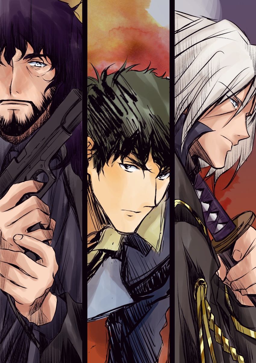 3boys absurdres beard black_eyes black_hair cowboy_bebop facial_hair gun highres holding holding_gun holding_sword holding_weapon male_focus multiple_boys necktie spike_spiegel sword tobalin vicious_(cowboy_bebop) vincent_volaju weapon