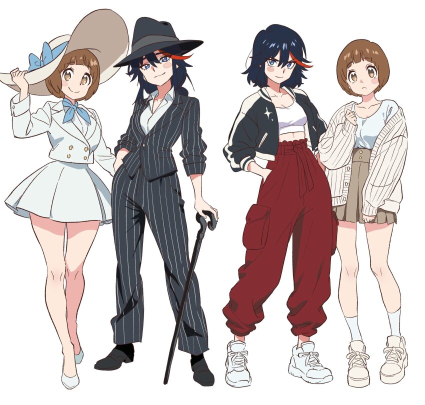 2girls baggy_pants black_hair black_shoes black_suit blue_bow blue_eyes blue_ribbon blush bow breasts brown_hair cane cleavage crop_top dress dress_shirt fedora formal_clothes four-pointed_star frown gold_buttons hat highres jacket kill_la_kill kitten_heels looking_at_viewer mankanshoku_mako matoi_ryuuko multicolored_hair multiple_girls pants pinstripe_pattern pinstripe_suit pleated_skirt red_pants red_streaks ribbed_jacket ribbon shirt shoes short_hair sisi_am1011 skirt smile sneakers socks streaked_hair suit sukajan sun_hat thighs white_background white_dress white_shoes