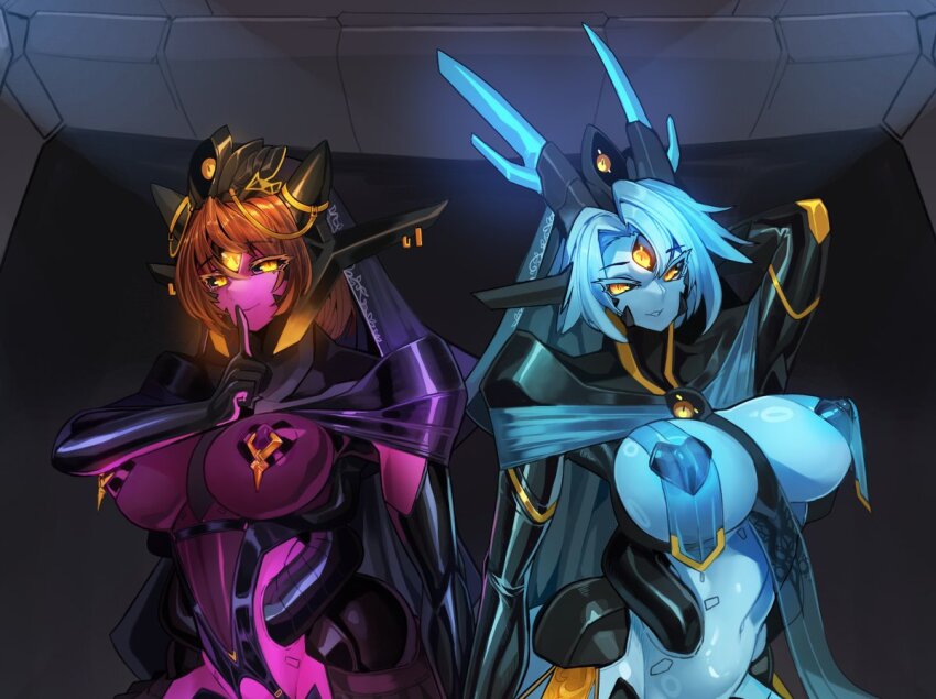 2girls black_sclera blue_hair blue_skin breast_curtains breasts brown_hair colored_sclera colored_skin cyborg eyes_visible_through_hair full_body glowing_horns horns impossible_clothes large_breasts long_hair mechanization multiple_girls navel nipple_piercing original piercing pink_skin platinum1945 robot_ears third_eye third_eye_on_chest toned toned_female weapon yellow_eyes