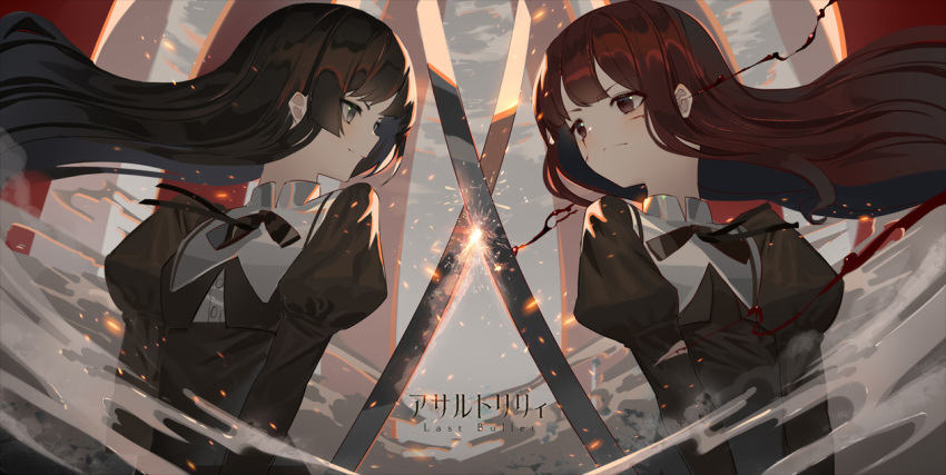 2girls assault_lily black_bow black_dress black_hair blood blood_on_face blush bow brown_eyes brown_hair character_request closed_mouth commentary_request crossed_swords cuts dress eye_contact floating_hair grey_eyes hk_(hk) injury juliet_sleeves kaede_johan_nouvel katana last_bullet long_hair long_sleeves looking_at_another multiple_girls puffy_sleeves shirai_yuyu smile smoke sparks sword upper_body very_long_hair weapon