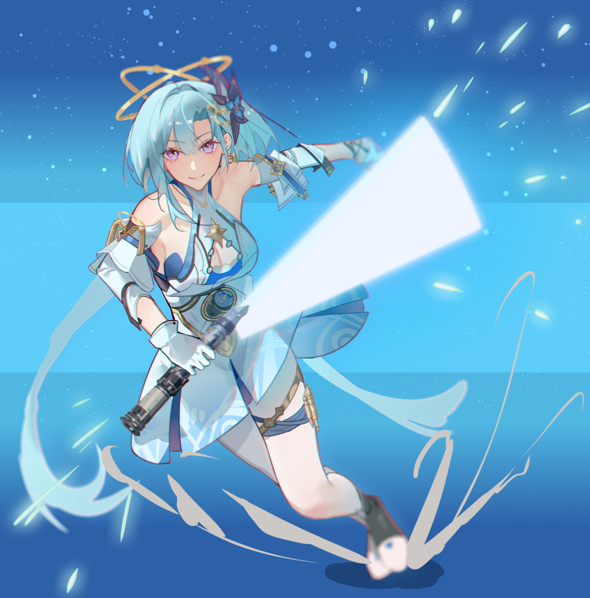 1girl absurdres bare_shoulders black_shoes blue_background blue_dress blue_hair breasts chinese_commentary cleavage closed_mouth comet-c commentary_request detached_sleeves dress energy_sword gloves griseo griseo_(cosmic_expression) hair_ornament halo highres holding holding_sword holding_weapon honkai_(series) honkai_impact_3rd large_breasts looking_at_viewer medium_hair pantyhose purple_eyes see-through_cleavage see-through_clothes shoes smile solo sword weapon white_gloves white_pantyhose white_sleeves