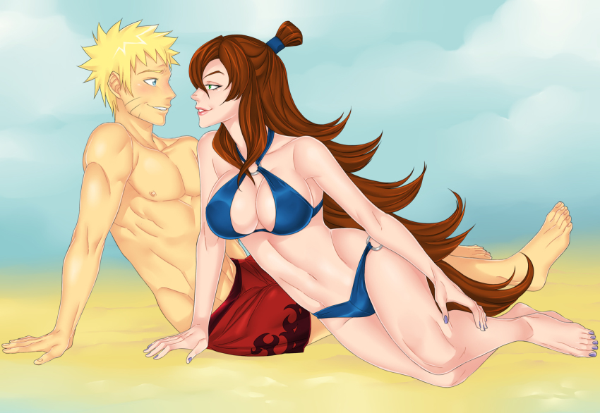 1boy 1girl arm_support beach bikini blonde_hair blue_bikini blue_eyes blue_nails breasts brown_hair cleavage eye_contact flame_print full_body large_breasts linart long_hair looking_at_another male_swimwear nail_polish naruto_(series) naruto_shippuuden o-ring o-ring_bikini pink_lips print_male_swimwear print_swim_trunks red_male_swimwear red_swim_trunks sand seductive_smile smile swim_trunks swimsuit terumi_mei toenail_polish toenails uzumaki_naruto very_long_hair