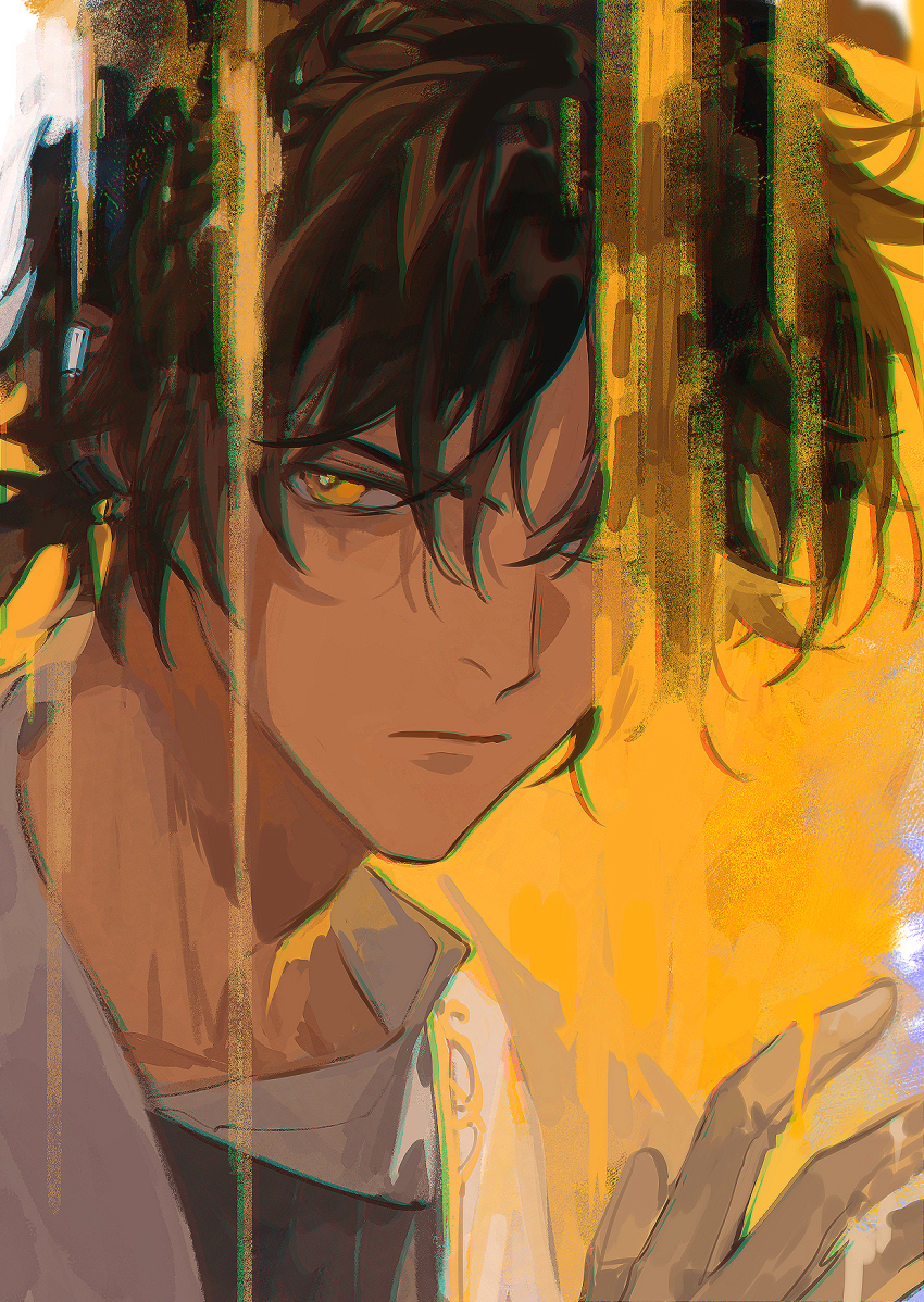 1boy arknights black_hair chinese_commentary chromatic_aberration closed_mouth commentary_request dark-skinned_male dark_skin frown gloves hand_up highres looking_at_viewer male_focus orange_background orange_eyes portrait short_hair solo thorns_(arknights) white_gloves xiandao1213