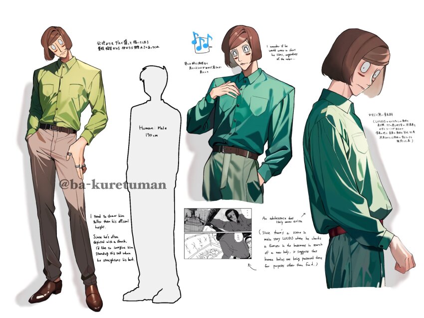 2boys ba_kuretuman black_eyes brown_hair english_text extra_eyes green_shirt hand_in_pocket hand_on_own_chest highres jewelry luther_von_ivory mixed-language_text multiple_boys multiple_rings multiple_views photo_inset randal&#039;s_friends ring shirt short_hair simple_background standing taped_note white_background