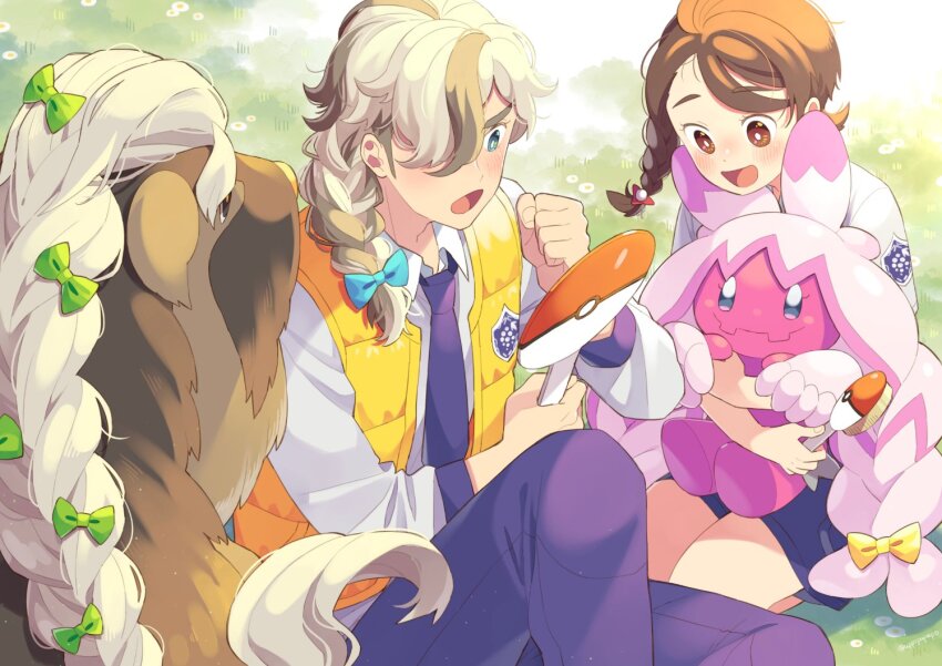 1boy 1girl :d :o alternate_hairstyle arven_(pokemon) blue_bow blue_eyes blue_shorts blush bow braid bright_pupils brown_eyes brown_hair collared_shirt commentary_request day dog emblem grass green_bow grey_hair hair_bow hair_brush hair_over_one_eye hair_over_shoulder hand_mirror hands_up holding holding_hair_brush juliana_(pokemon) knee_up long_sleeves looking_down medium_hair mirror multicolored_hair necktie nintendo on_grass one_eye_covered open_clothes open_mouth open_vest outdoors pants parted_bangs poke_ball_print pokemon pokemon_(creature) pokemon_sv purple_necktie purple_pants school_uniform seiza shirt shorts side_braid sidelocks sitting smile streaked_hair tinkaton uppi uva_academy_school_uniform vest white_pupils white_shirt wing_collar yellow_bow yellow_vest