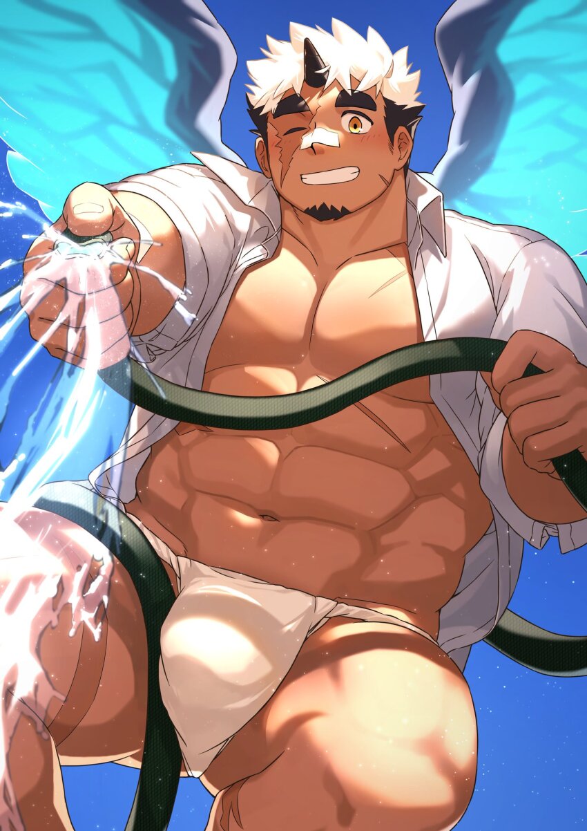 1boy abs akiha_gongen_(housamo) bandaid bandaid_on_face bandaid_on_nose bara bare_pectorals cowboy_shot dark-skinned_male dark_skin facial_hair facial_scar flying fundoshi goatee grin haishiba_ame highres holding holding_hose horns hose japanese_clothes large_pectorals looking_at_viewer male_focus multicolored_hair muscular muscular_male one_eye_closed open_clothes open_shirt pectorals scar scar_on_cheek scar_on_face short_hair single_horn smile solo spraying spread_wings strongman_waist sunlight thick_eyebrows thick_thighs thighs tokyo_houkago_summoners two-tone_hair white_hair