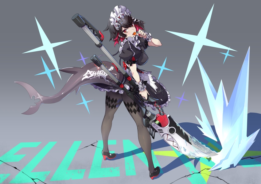 1girl absurdres black_pantyhose black_shoes candy character_name colored_inner_hair commentary_request dokuma3 ellen_joe fins fish_tail food frilled_wristband from_behind full_body grey_background hairband highres holding holding_candy holding_food holding_lollipop holding_weapon ice legs_apart lollipop lollipop_in_mouth looking_at_viewer looking_back maid_headdress metal_hairband mole mole_under_eye multicolored_hair open_mouth pantyhose razor_blade_hair_ornament red_nails scar scar_on_tail shadow shark_girl shark_tail sharp_teeth shoes solo sparkle spiked_headband tail teeth weapon zenless_zone_zero
