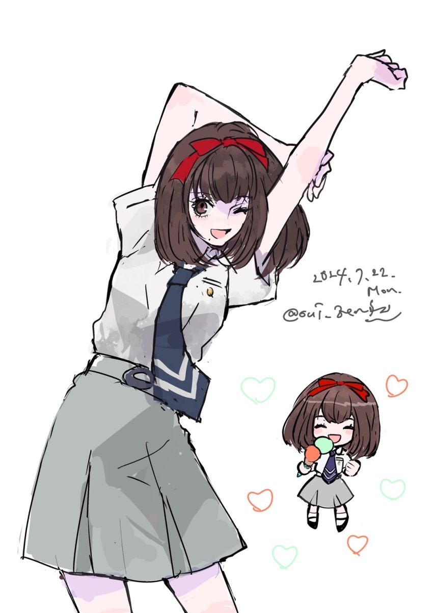 1girl 2024 blue_necktie blush_stickers bob_cut brown_eyes brown_hair chibi clenched_hand closed_eyes commentary cowboy_shot dated food grey_skirt hair_ribbon heart highres holding holding_ice_cream_cone ice_cream ice_cream_cone looking_at_viewer mole mole_under_mouth necktie one_eye_closed open_mouth oui_zen persona persona_1 red_ribbon ribbon school_uniform shirt simple_background skirt smile solo sonomura_maki st._hermelin_school_uniform stretching twitter_username white_background white_shirt