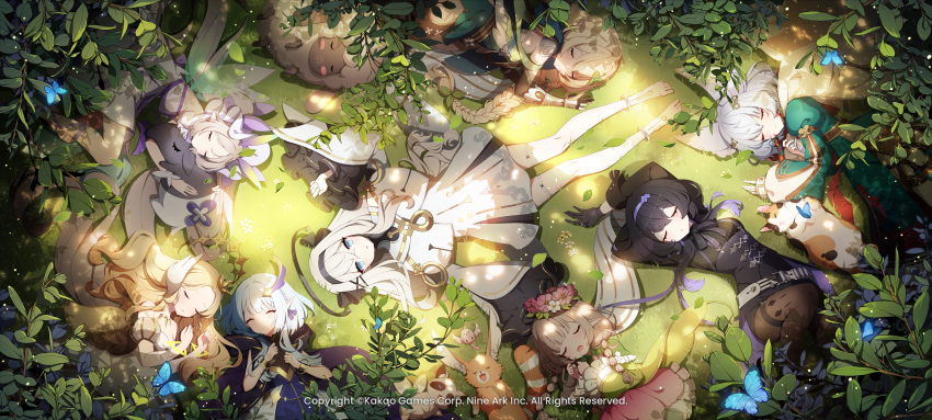 animal animal_ears barefoot belt bird black_dress black_gloves black_hair blonde_hair blue_butterfly blue_dress blue_eyes blue_hair blush bonnet bracelet bracer braid bug butterfly cat company_name copyright_notice detached_sleeves dress eversoul fairy_wings foliage fox_ears fox_girl frilled_dress frilled_skirt frilled_sleeves frills gloves grass hair_between_eyes hair_ornament hair_ribbon hairband haru_(eversoul) head_wreath highres hood insect jewelry linzy_(eversoul) long_hair lying mephistopheles_(eversoul) multiple_girls naiah_(eversoul) off-shoulder_dress off_shoulder official_art official_wallpaper on_back on_grass pantyhose plant pointy_ears promotional_art ribbon sheep short_hair skirt sleeping sleeves_past_fingers sleeves_past_wrists talia_(eversoul) two-tone_dress white_dress white_hair wings