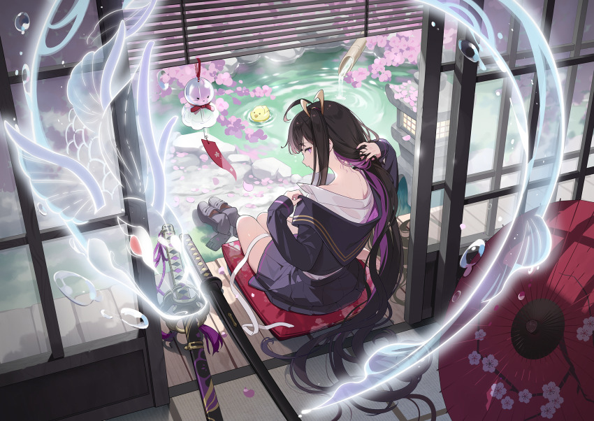1girl ahoge black_hair black_sailor_collar black_serafuku black_shirt black_shoes black_skirt black_socks chitose_(stella_sora) collared_shirt dragon eastern_dragon full_body game_cg highres katana long_sleeves looking_at_viewer looking_back miniskirt multicolored_hair nape non-web_source official_art one_side_up open_clothes open_shirt parted_lips pleated_skirt purple_eyes purple_hair sailor_collar school_uniform serafuku sheath sheathed shirt shoes skirt sleeves_past_wrists socks solo stella_sora streaked_hair sword teruterubouzu undressing unworn_shoes unworn_socks weapon white_shirt