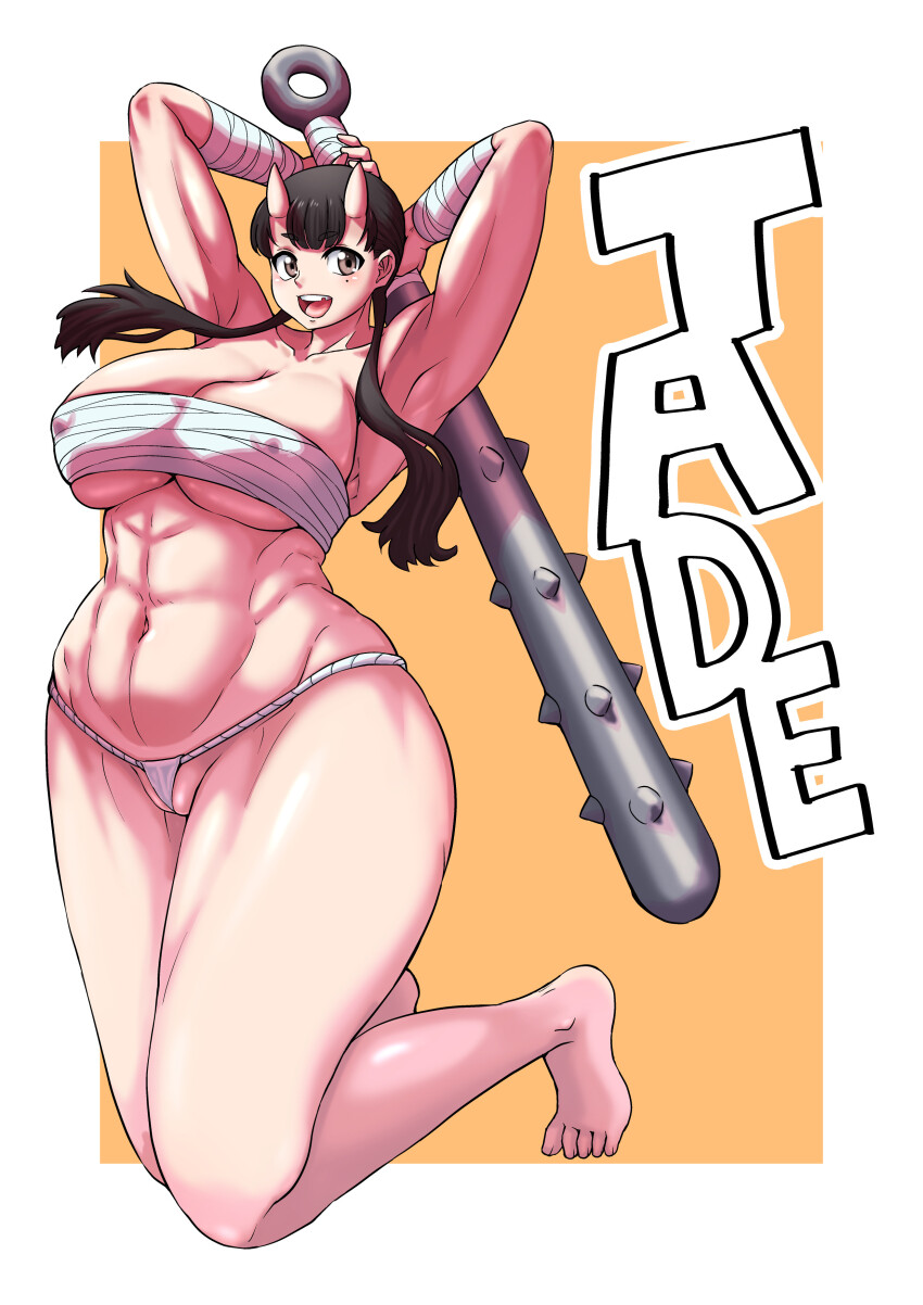 1girl abs absurdres armpits arms_behind_head arms_up black_hair breasts brown_eyes character_name chest_sarashi collarbone covered_erect_nipples dungeon_meshi female_focus full_body fundoshi highres horns huge_breasts inutade japanese_clothes kneeling long_hair looking_at_viewer low_twintails missing_tooth mole mole_under_eye muscular muscular_arms muscular_female navel oni open_mouth orange_background ranka16 sarashi skin-covered_horns smile solo tall_female teeth thighs thong tongue twintails two-tone_background upper_teeth_only white_background wide_hips