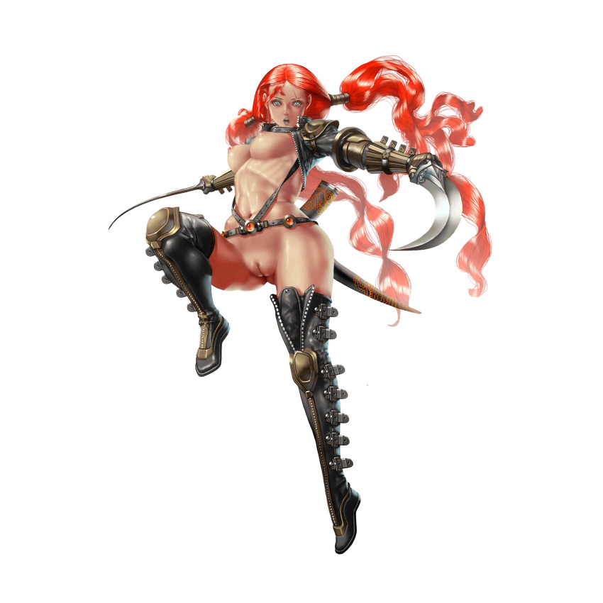 1girl abs armor artist_request blue_eyes breasts crystal_maiden_(series) dual_wielding full_body game_cg grey_lips highres holding holding_sword holding_weapon jacket long_hair looking_at_viewer nadia_(crystal_maidens) navel nipples nude official_art open_clothes open_jacket pussy red_hair scar scar_on_face sheath shoulder_armor solo standing standing_on_one_leg sword transparent_background variant_set very_long_hair weapon