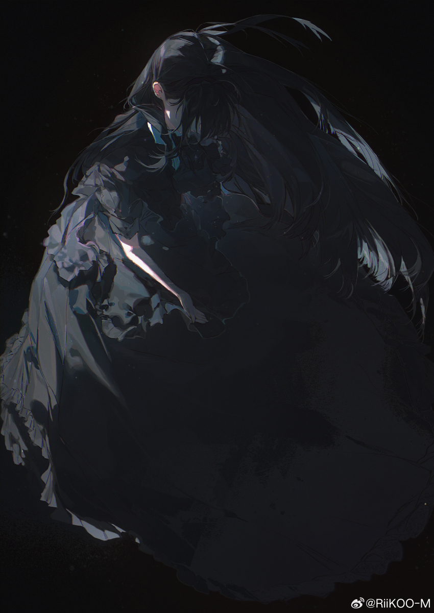 1girl absurdres akemi_homura akemi_homura_(black_dress) black_background black_bow black_bowtie black_capelet black_dress black_hair bow bowtie capelet chinese_commentary collared_shirt commentary_request dark dress floating_hair frilled_dress frills full_body hair_over_face high_collar highres light_particles long_dress long_hair mahou_shoujo_madoka_magica mahou_shoujo_madoka_magica:_hangyaku_no_monogatari official_alternate_costume puffy_short_sleeves puffy_sleeves riko-m shirt shirt_under_dress short_sleeves solo straight_hair very_long_hair watermark weibo_watermark white_shirt