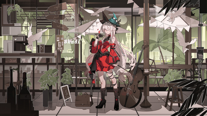 1girl absurdres alternate_gloves aqua_hat arknights bird black_boots black_gloves boots bottle bow_(music) breasts cello character_name clothing_cutout cup detached_sleeves disposable_cup dove dress espresso_machine full_body gloves hair_between_eyes hair_ornament hat heart highres holding holding_bow_(music) instrument krao long_hair long_sleeves looking_at_viewer medium_breasts menu_board navel_cutout one_eye_closed plant red_dress red_eyes red_sleeves sidelocks signpost single_glove skadi_(arknights) skadi_the_corrupting_heart_(arknights) solo standing stool table teacup very_long_hair white_hair