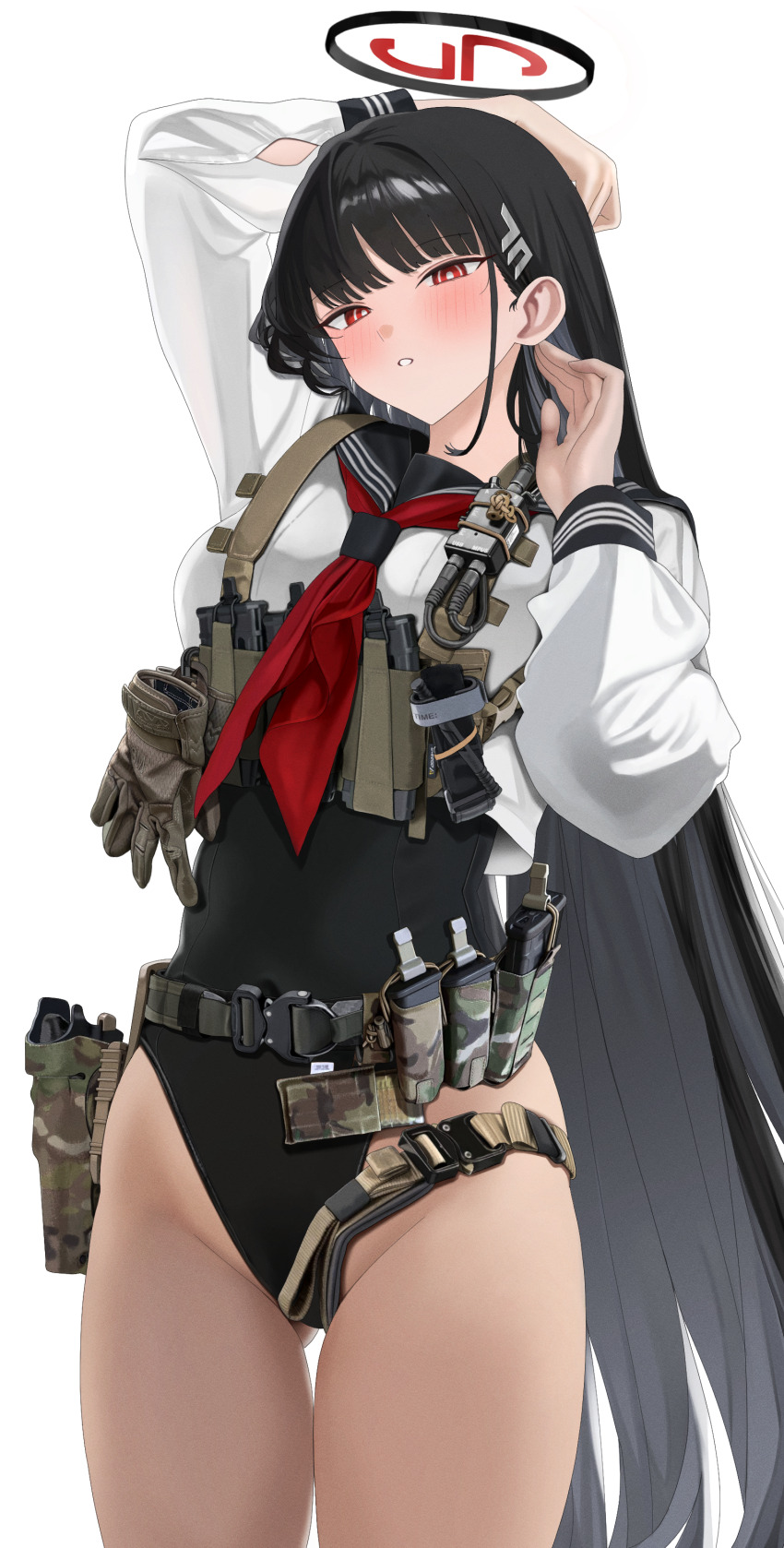 1girl absurdres alternate_costume belt black_hair black_halo black_one-piece_swimsuit blue_archive blue_sailor_collar blush chest_rig commentary cowboy_shot fte_(fifteen_199) gloves halo highleg highleg_leotard highres holster leotard long_hair long_sleeves magazine_(weapon) neckerchief one-piece_swimsuit parted_lips red_eyes red_neckerchief rio_(blue_archive) sailor_collar shirt simple_background solo swimsuit swimsuit_under_clothes tourniquet unworn_gloves utility_belt utility_vest vest white_background white_shirt