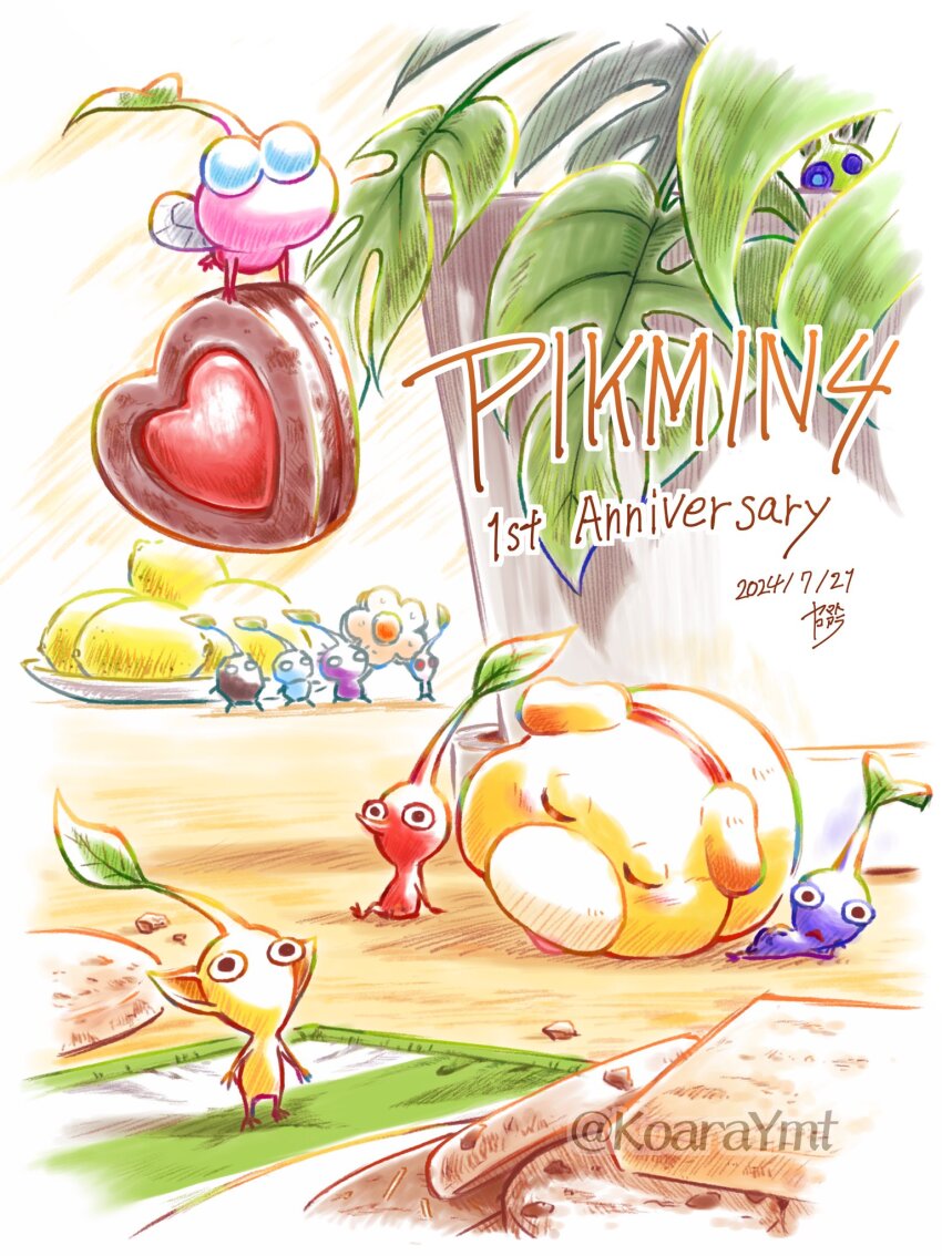 animal_collar anniversary black_eyes black_skin blue_eyes blue_pikmin border carrying chocolate_chip collar colored_skin commentary_request cookie crumbs dated dog flower flying food fruit glow_pikmin green_skin hand_on_own_cheek hand_on_own_face heart heart-shaped_cookie heart-shaped_food highres holding holding_food ice ice_pick insect_wings leaf lemon looking_at_viewer lying nintendo no_humans no_mouth oatchi_(pikmin) on_side oversized_food oversized_object pikmin_(creature) pikmin_(series) pikmin_4 pink_skin plant plate pointy_ears pointy_nose potted_plant purple_pikmin purple_skin red_collar red_eyes red_pikmin red_skin rock rock_pikmin signature sitting sleeping solid_circle_eyes standing table tablecloth triangle_mouth twitter_username white_border white_flower white_pikmin white_skin winged_pikmin wings yamato_koara yellow_pikmin yellow_skin