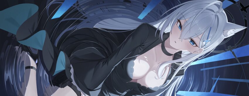 1girl absurdres ahoge animal_ear_fluff animal_ears black_choker black_dress black_halo blue_archive blue_eyes blush breasts broken_halo choker cleavage cross cross_hair_ornament dark_halo dress extra_ears grey_hair hair_between_eyes hair_ornament halo highres inverted_cross large_breasts long_hair long_sleeves looking_at_viewer mismatched_pupils pang-yo shiroko_(blue_archive) shiroko_terror_(blue_archive) solo wolf_ears wolf_girl